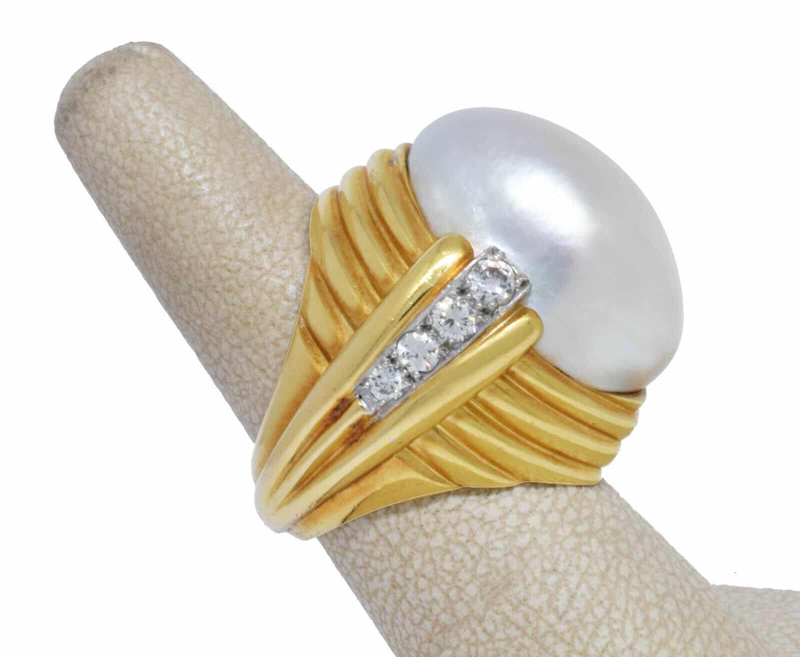 David Webb Mabe Pearl & Diamond 18k Yellow Gold Platinum Cocktail Ring 5.75  - Jewels in Time