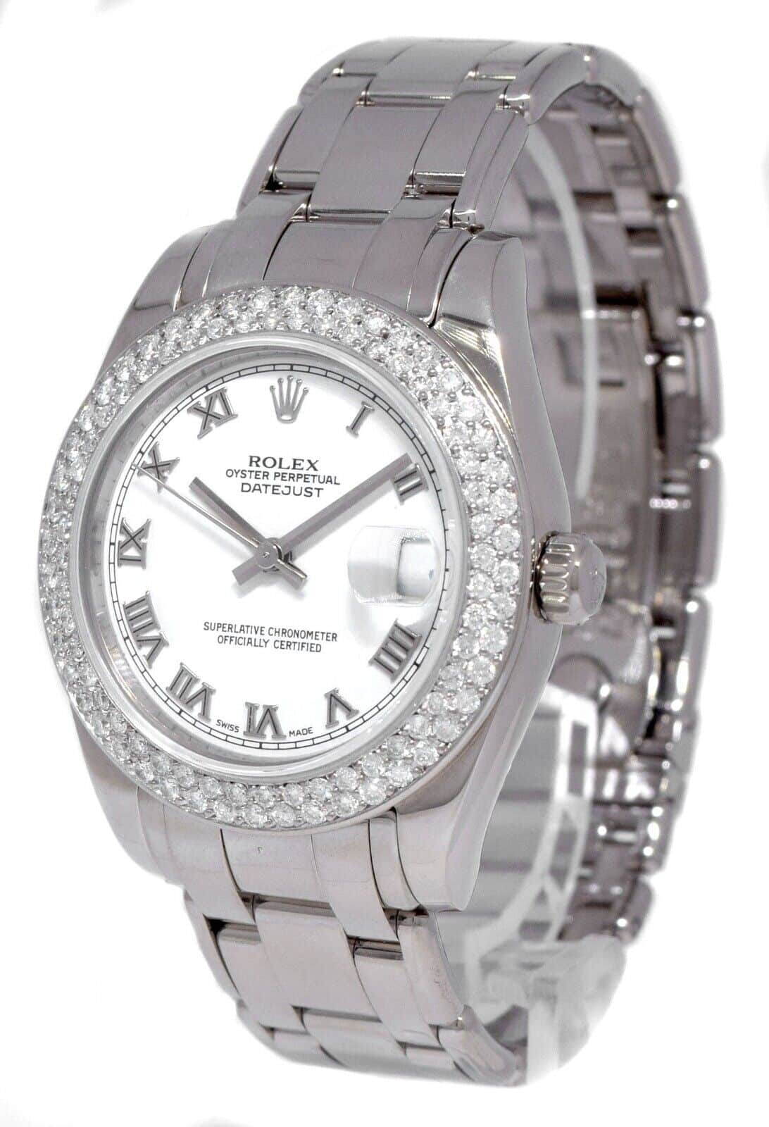 Rolex Datejust Pearlmaster 18k White Gold Diamond Bezel Ladies 34mm Watch 81209