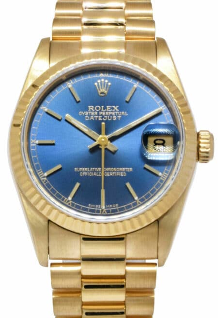 Rolex Datejust President 18k Yellow Gold Blue Dial Ladies 31mm Watch E 68278
