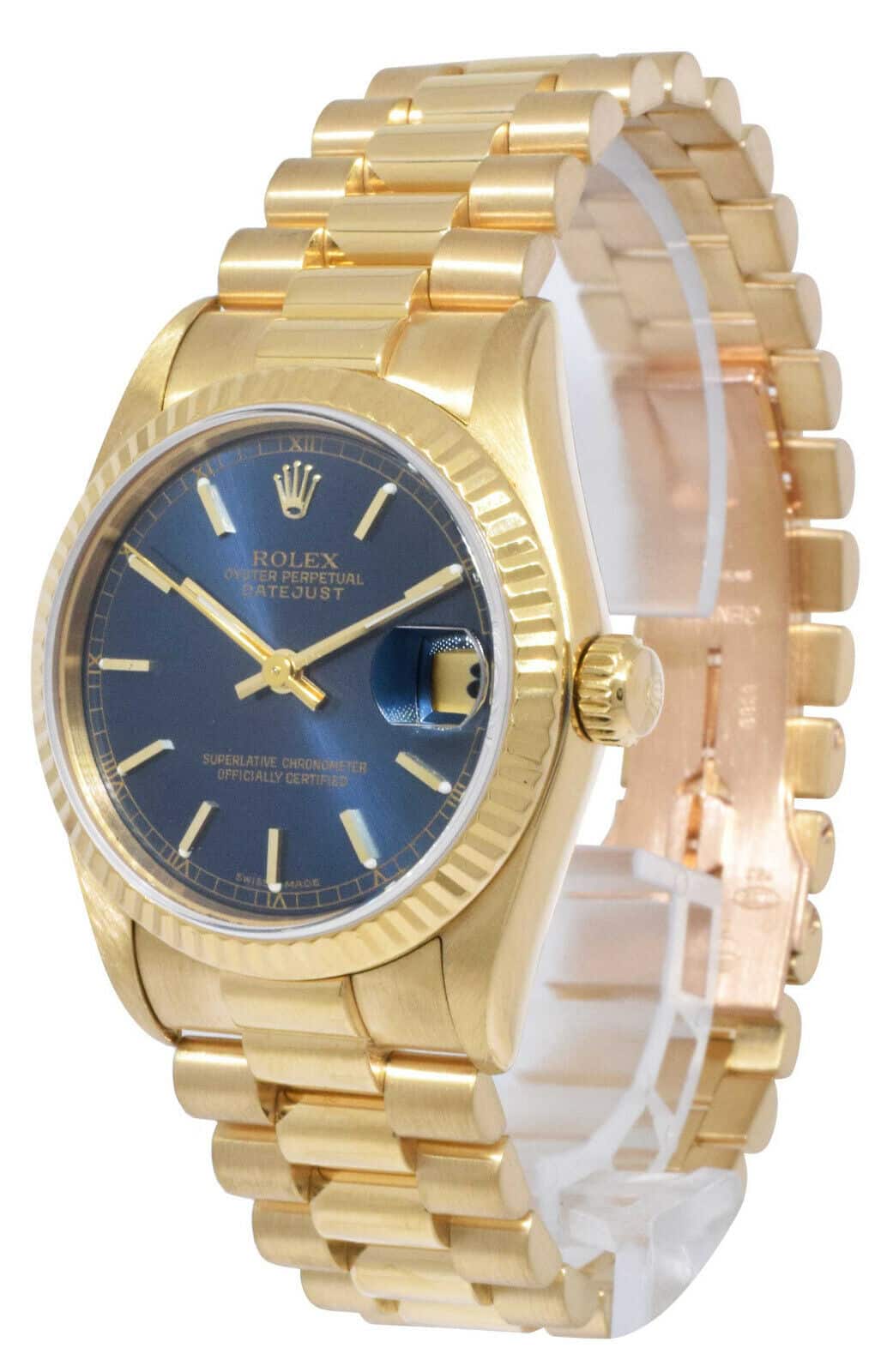 Rolex Datejust President 18k Yellow Gold Blue Dial Ladies 31mm Watch E 68278