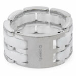 Chanel Ultra Wide 18k White Gold Diamond White Ceramic Ring Size 62 +Box  J2645 - Jewels in Time