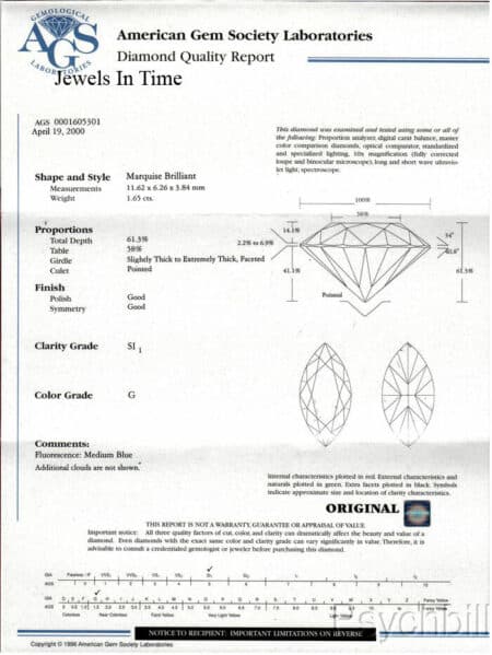 Ring 1.65 Carat Marquise Brilliant Diamond AGS Platinum