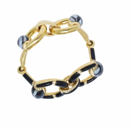Gucci 1 Horsebit Diamond Agate/Onyx & 1ct Diamond 18K Yellow Gold 7.5'' Bracelet