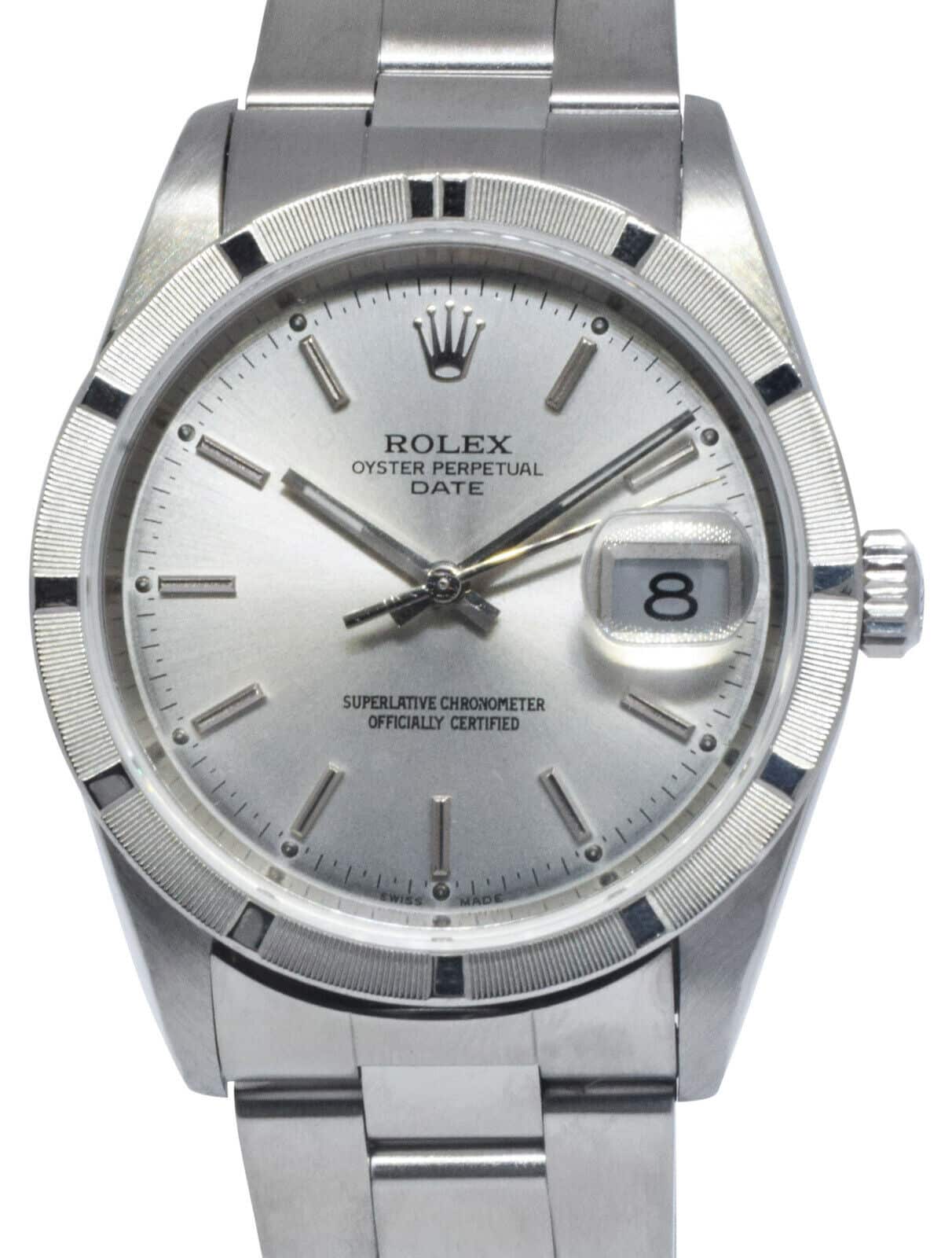 Diktat bremse tilfældig Rolex Date Steel Silver Dial Engine Turned Bezel 34mm Watch D 15210 -  Jewels in Time
