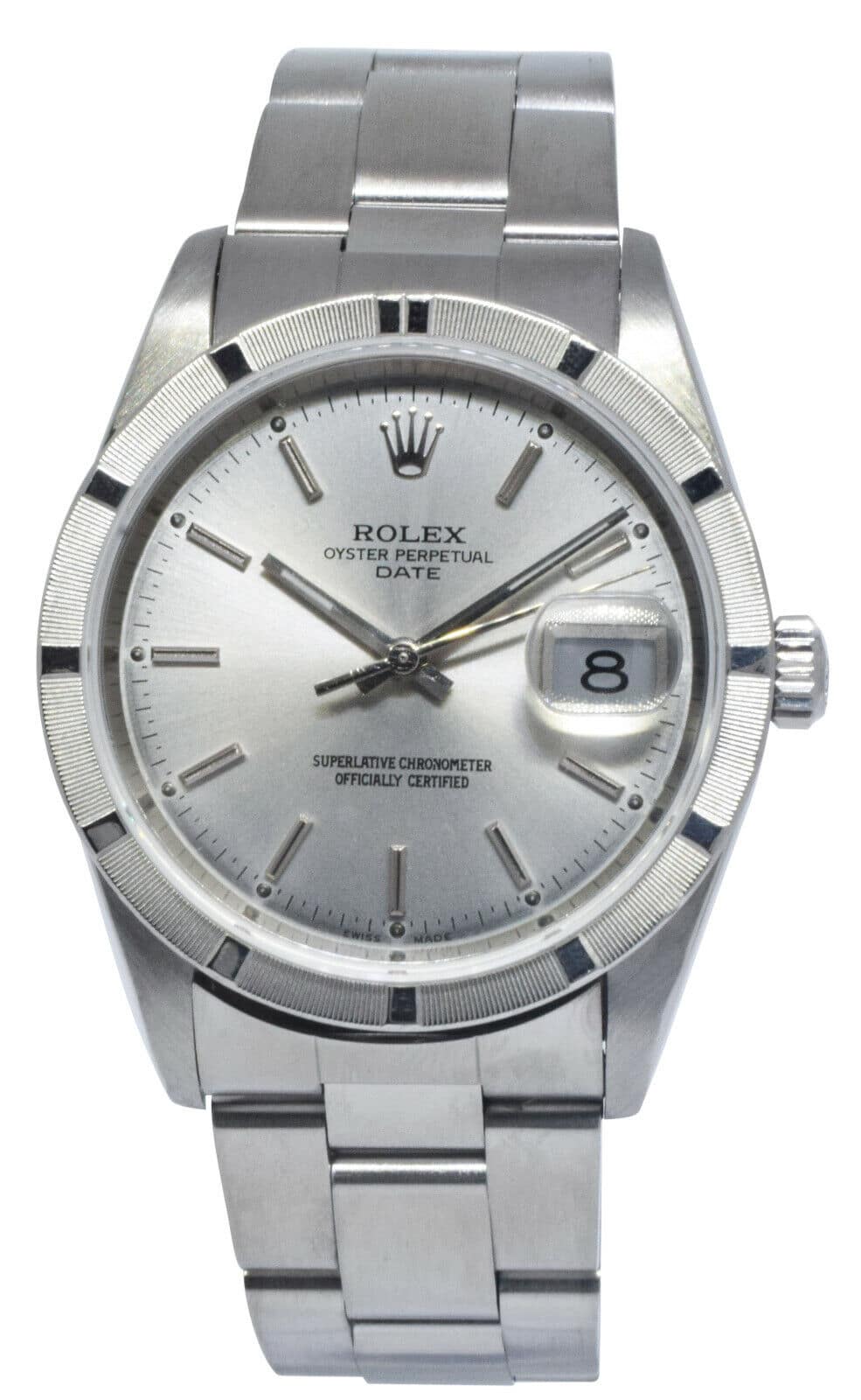 Elskede suge Fjord Rolex Date Steel Silver Dial Engine Turned Bezel 34mm Watch D 15210 -  Jewels in Time