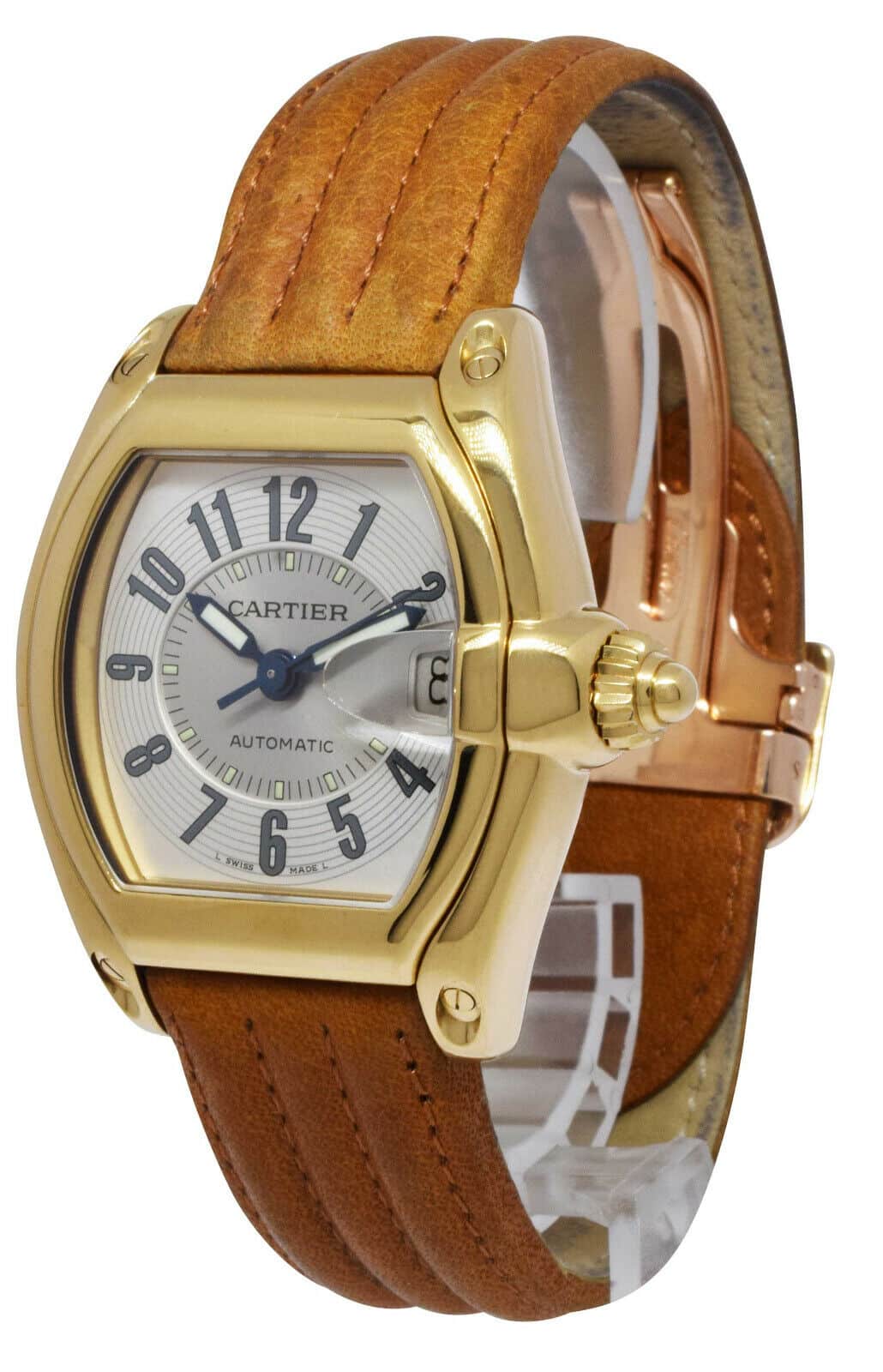Cartier Roadster Date 18k Yellow Gold Silver Dial Mens Automatic Watch 2524