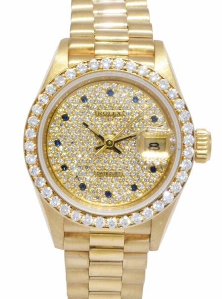 Rolex Datejust 18k Yellow Gold Pave Diamond/Sapphire Ladies 26mm Watch B/P 69138