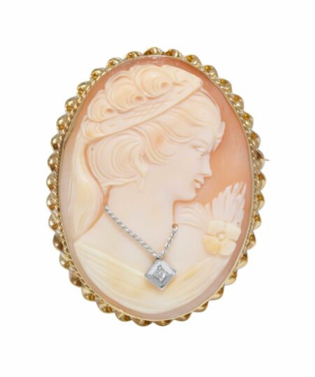 14k Yellow Gold Cameo Brooch Pin with Sparkling Diamond