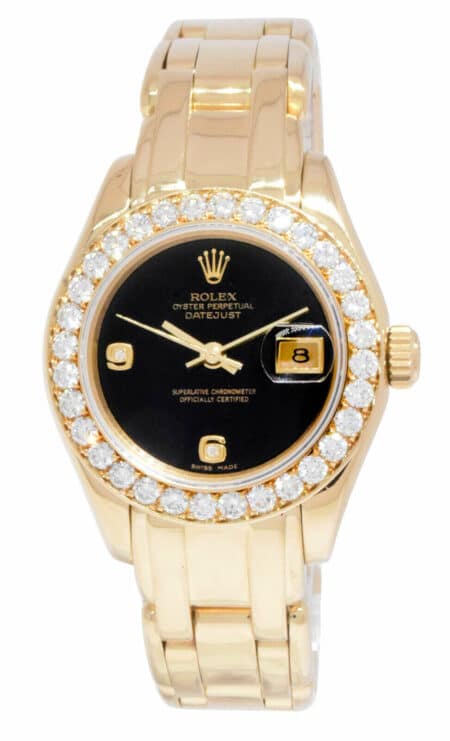 Rolex Datejust Pearlmaster 18k Yellow Gold Black Onyx Diamond 29mm Watch X 69298