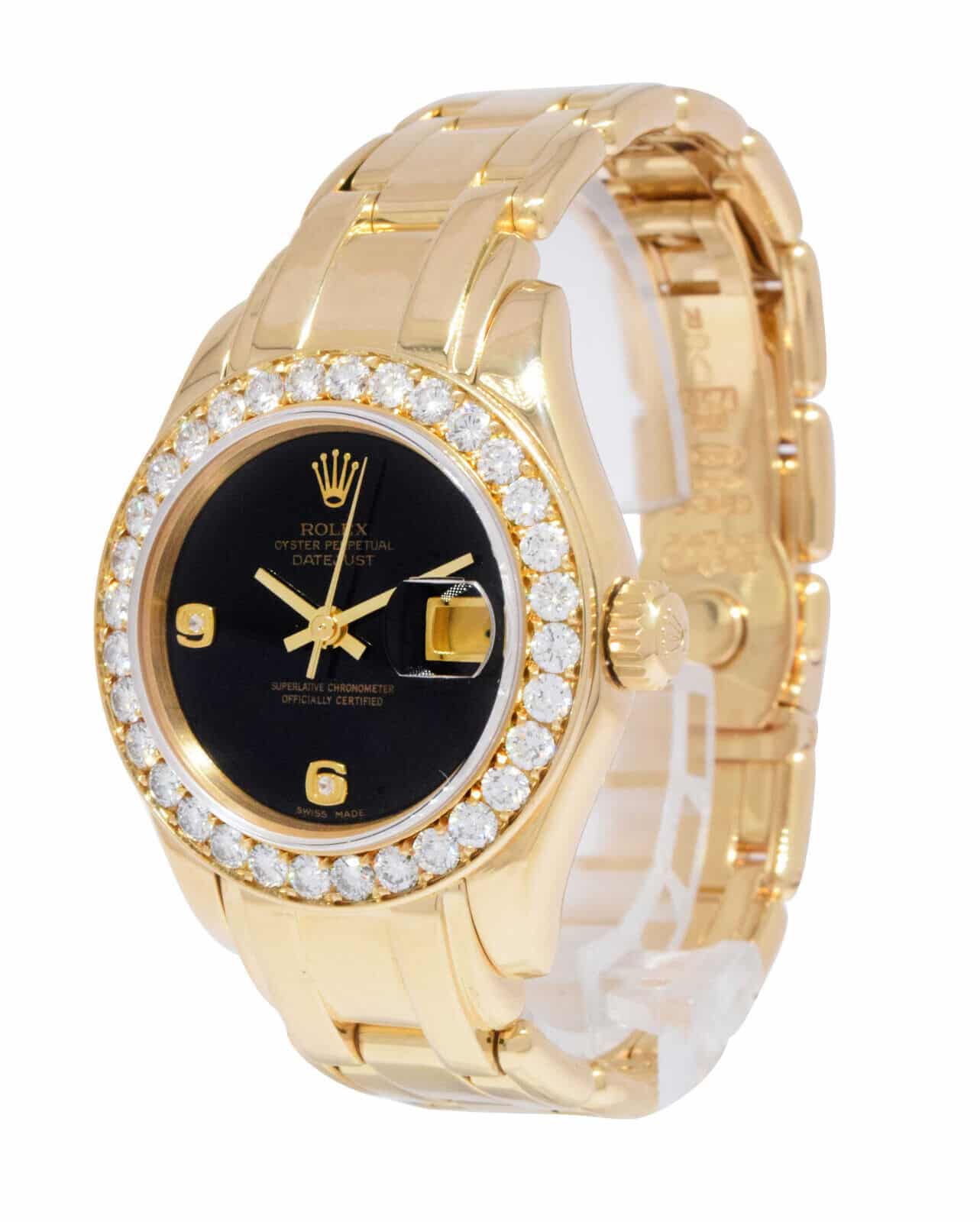 Rolex Datejust Pearlmaster 18k Yellow Gold Black Onyx Diamond 29mm Watch X 69298