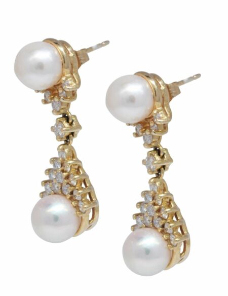 Ladies 14K Gold Cultured Pearl & Diamond Earrings