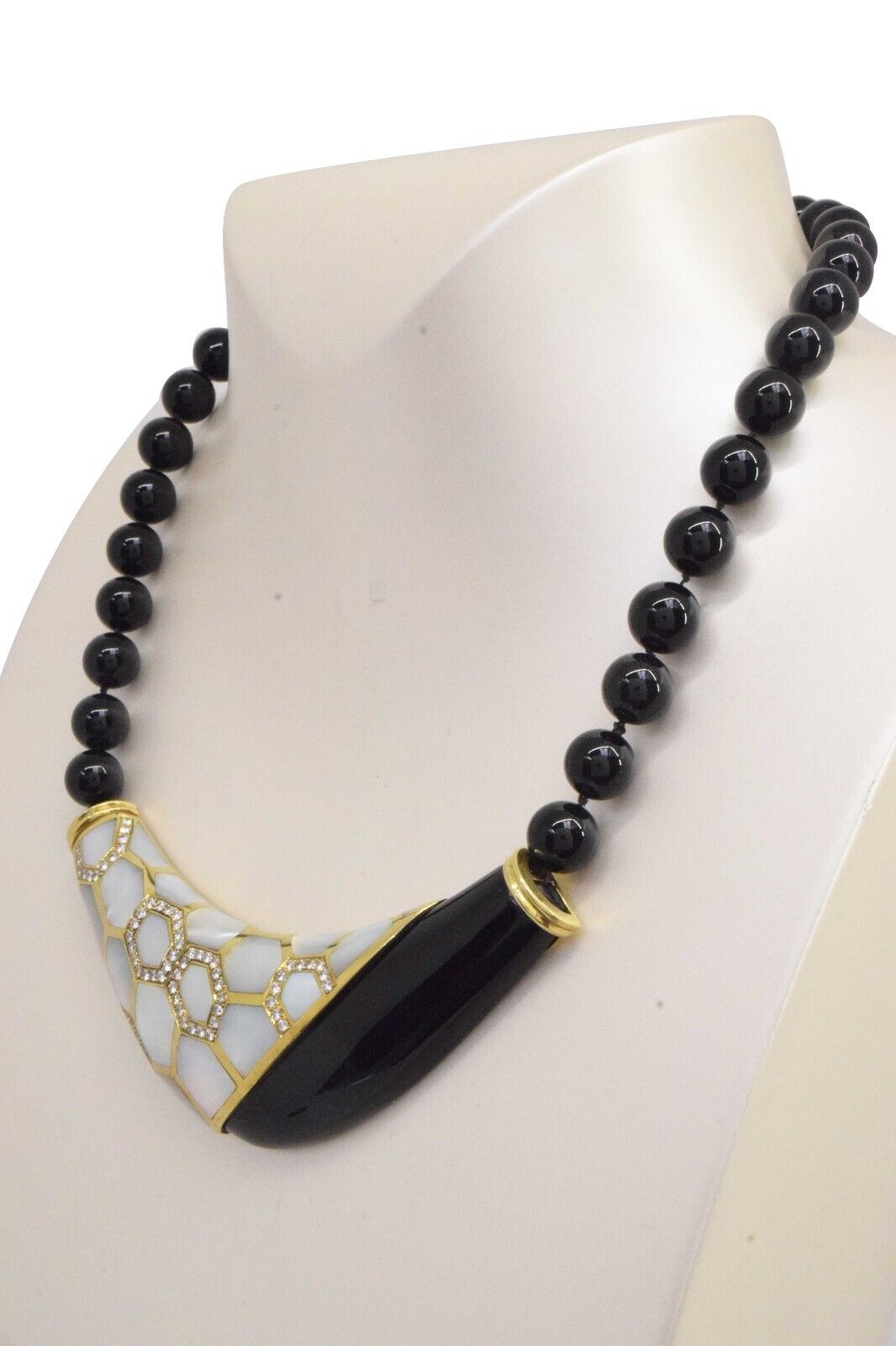 1.38 Carat Diamond & Onyx & Mother of Pearl Necklace in 14k Yellow Gold