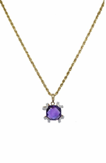 Ladies Necklace 14k Yellow Gold Diamonds & Amethyst 18.5 inch Chain