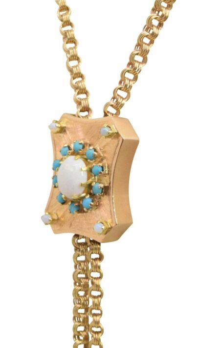 Opal & Tuquoise Lanyard Link Chain Necklace in 14k Yellow Gold