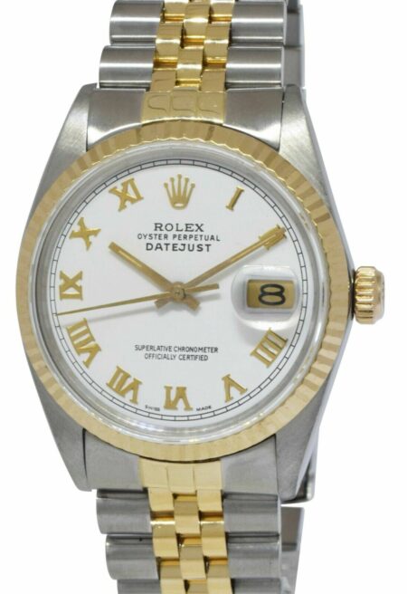 Rolex Datejust 14k Yellow Gold/Steel White Roman Dial Mens 36mm Watch 16013