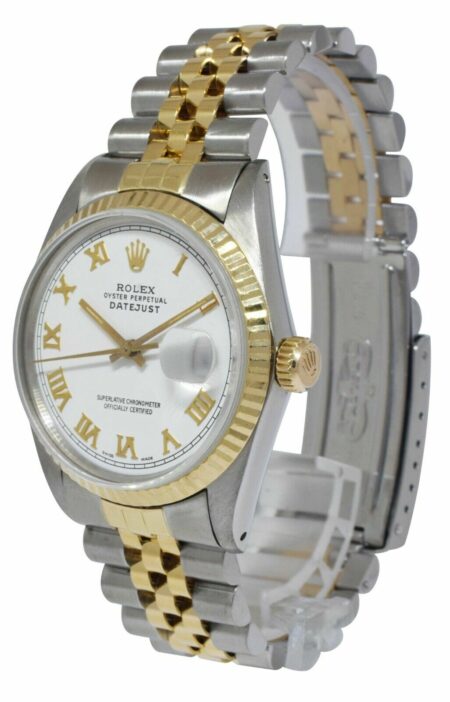 Rolex Datejust 14k Yellow Gold/Steel White Roman Dial Mens 36mm Watch 16013