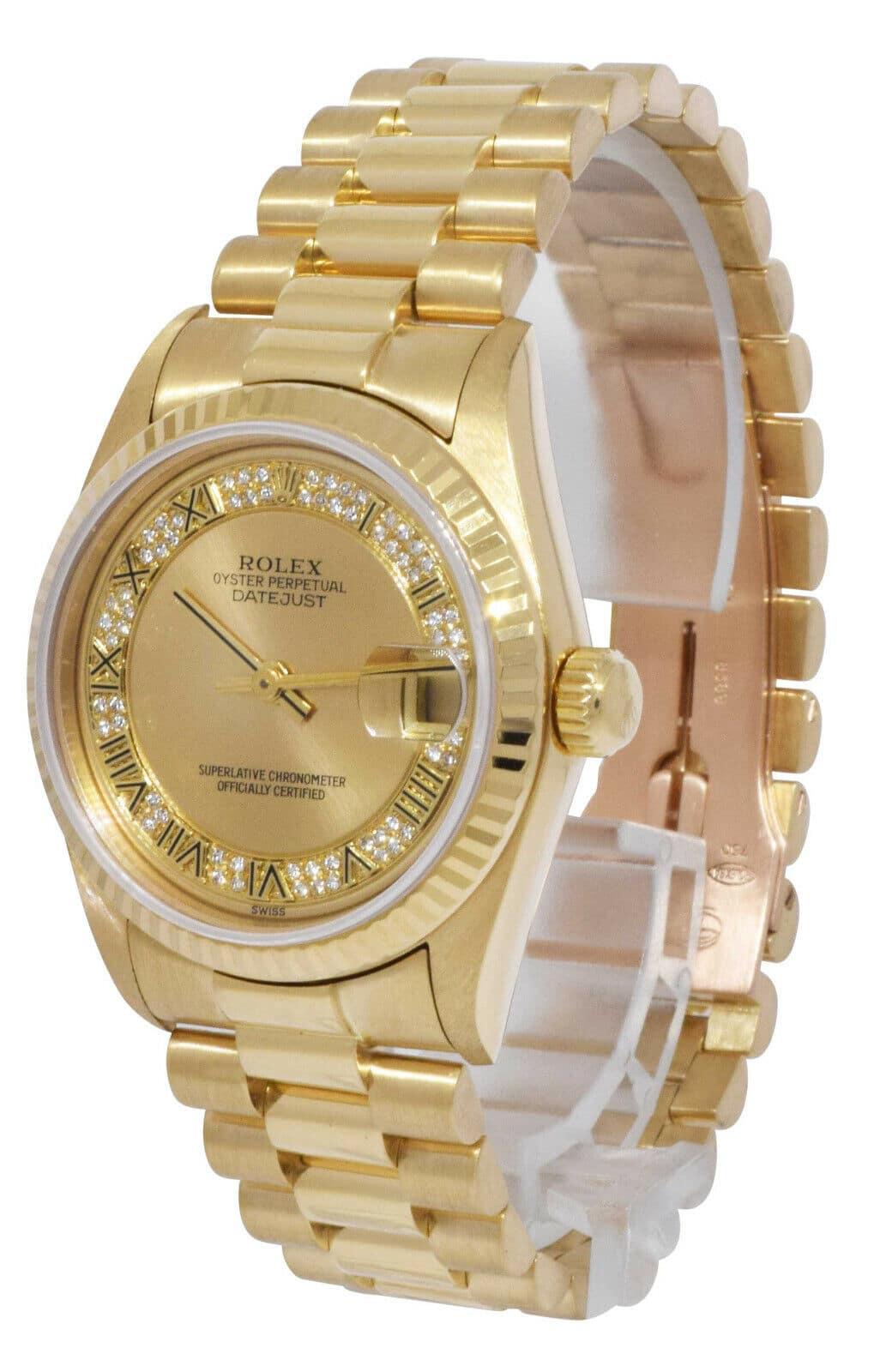 Rolex Datejust President 18k Yellow Gold Diamond Roman Ladies 31mm Watch E 68278