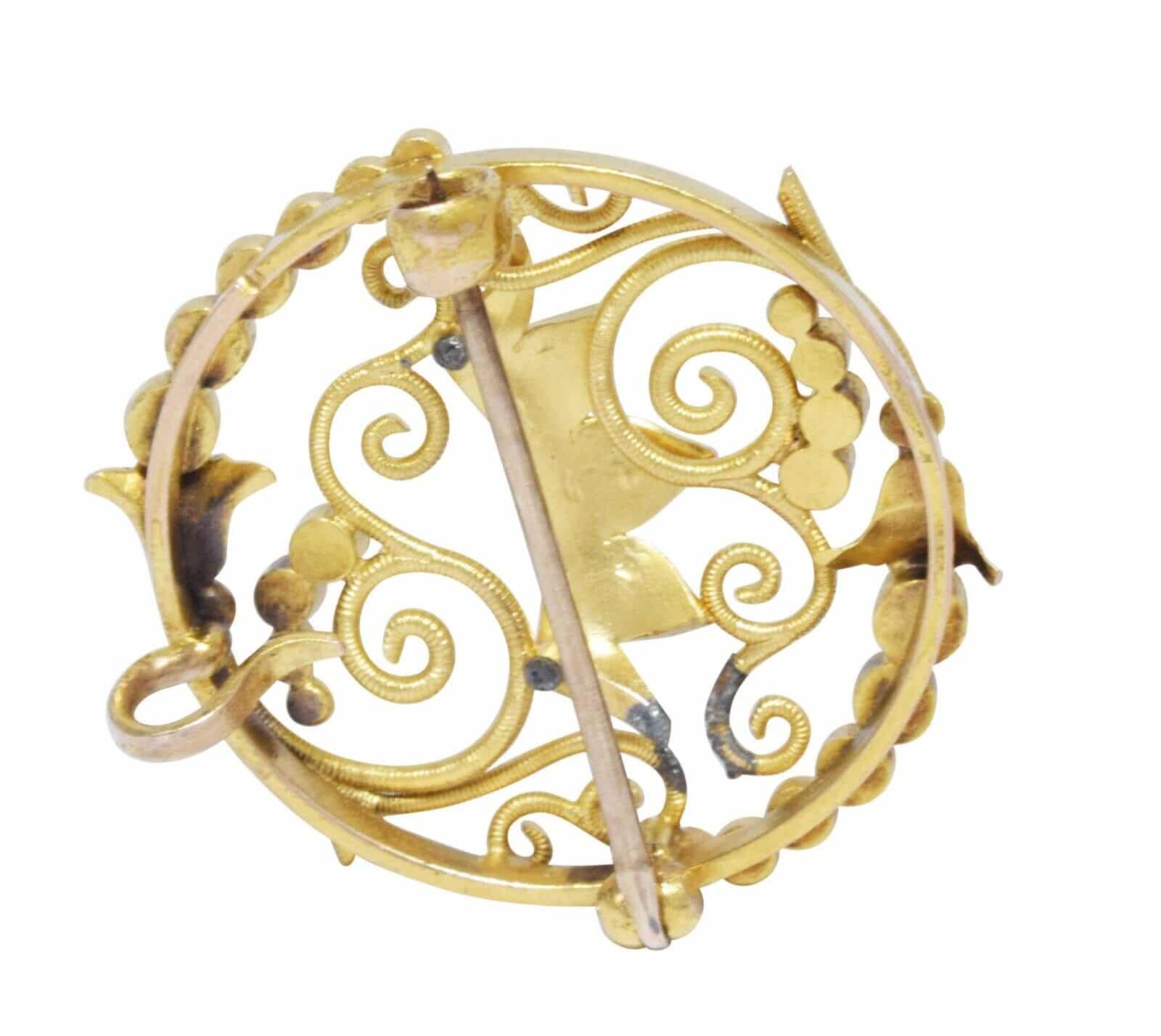 18K Yellow Gold Seed Pearl Brooch Crown Design