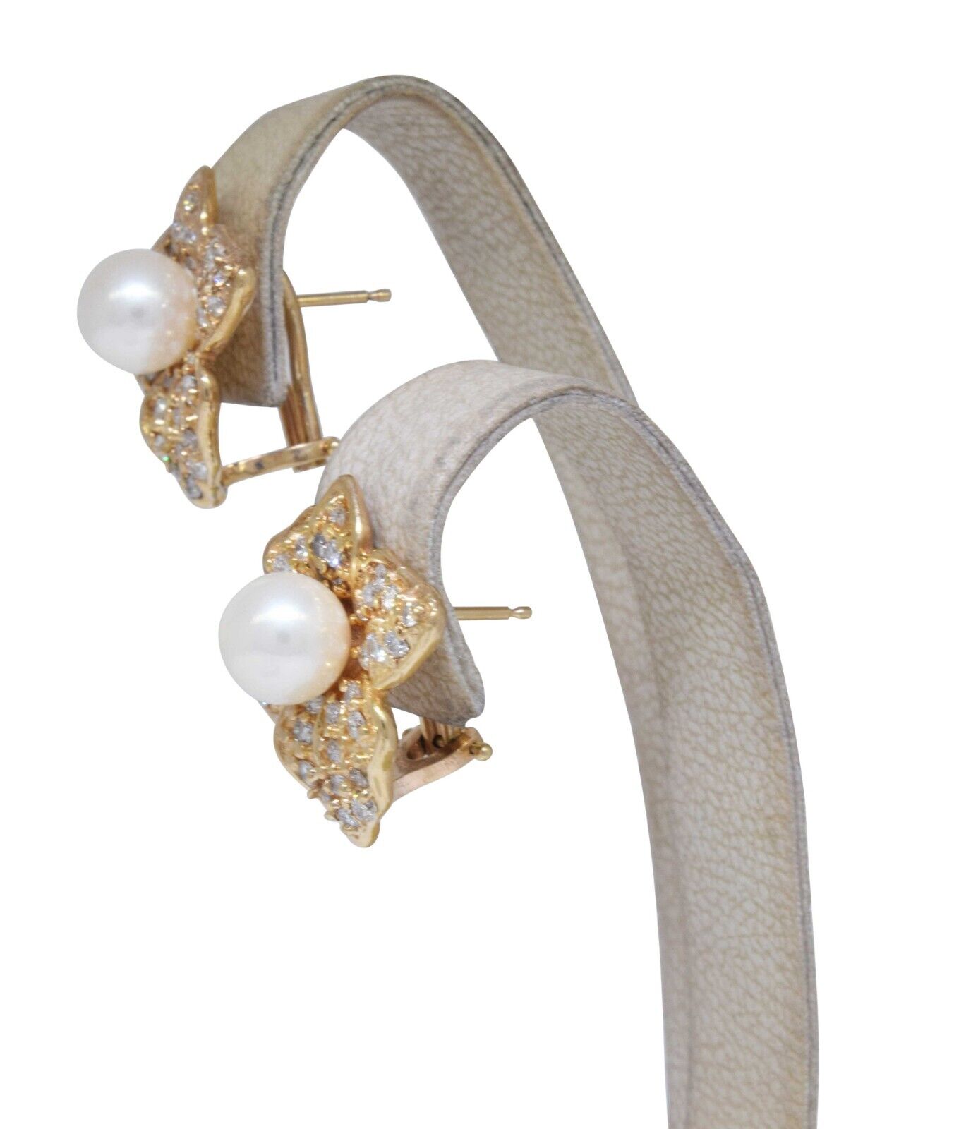 14K Yellow Gold Pearl & Pave Diamond Earrings