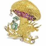 18K Gold Whimsical Mushroom Diamond Rubbie & Emeralds Pin