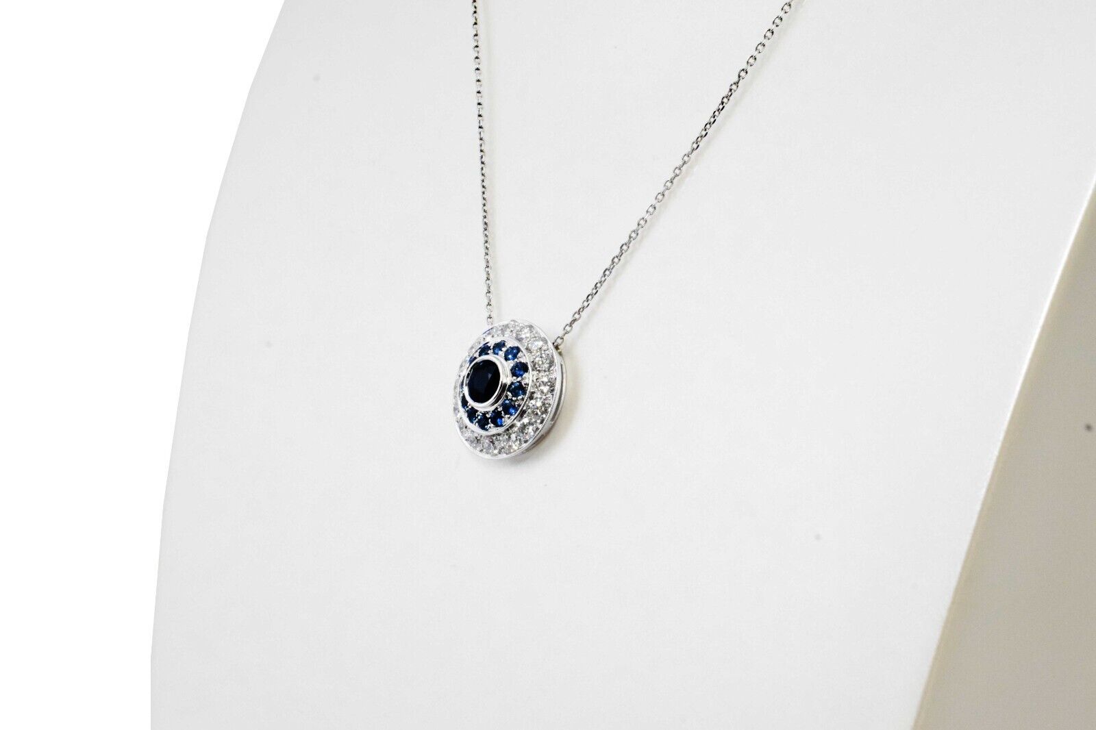 Ladies 14K White Gold Blue Sapphire and Diamond Halo 18'' Necklace 3.50 ct