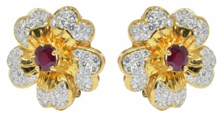 18k Yellow Gold Flower Earrings 4.00 ct Diamond Ruby 3.00 ct
