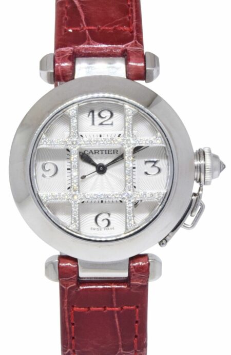 Cartier Pasha 32mm 18K White Gold Diamond Grid Dial Ladies Automatic Watch 2528