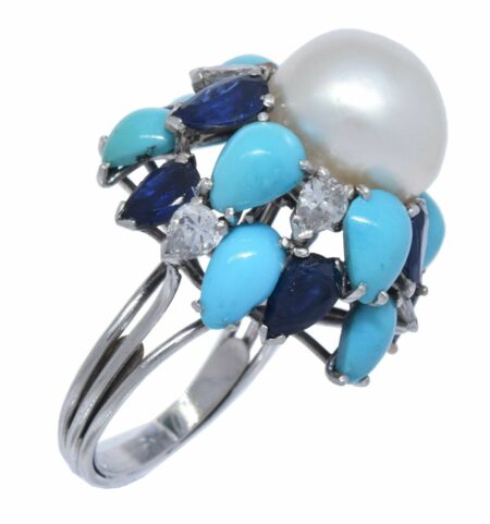 Pearl & Diamond & Sapphire & Turquoise Ring in 18k White Gold Ladies 6.5
