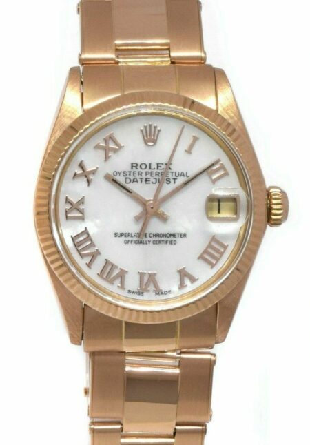 Rolex Datejust 18k Rose Gold MOP Roman Dial Midsize 31mm Vintage Watch 6627
