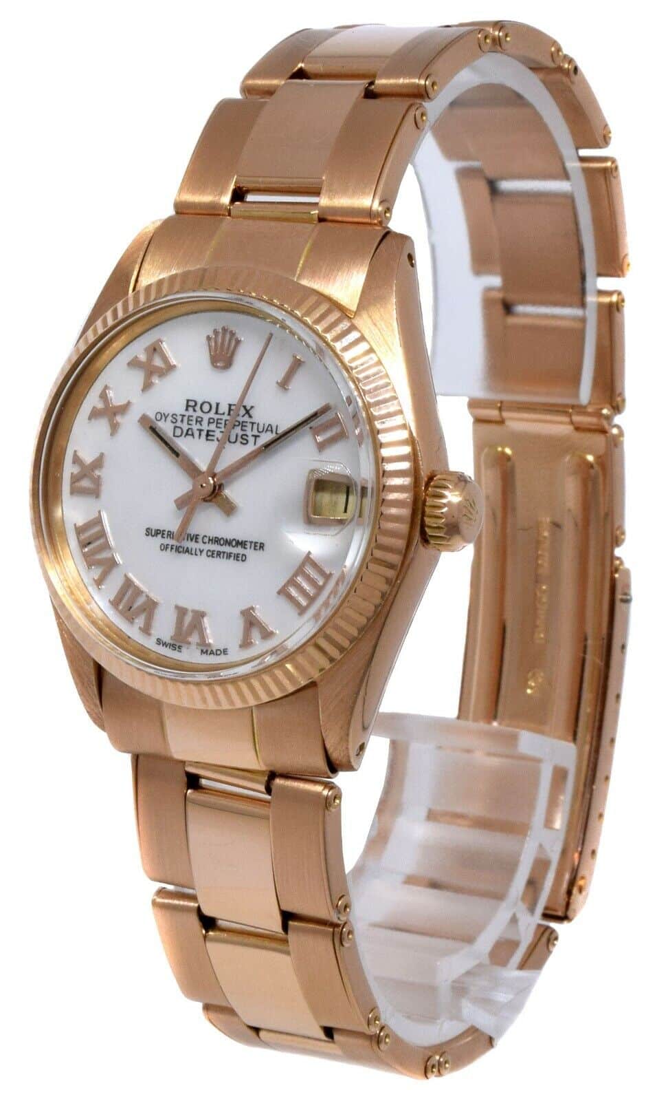Rolex Datejust 18k Rose Gold MOP Roman Dial Midsize 31mm Vintage Watch 6627