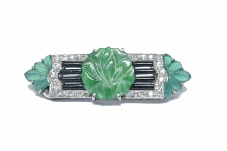 18K White Gold Vintage Diamond & Carved Emerald Pin