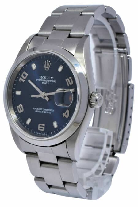 Rolex Date Stainless Steel Blue Dial Oyster Bracelet Mens 34mm Watch  F 15200