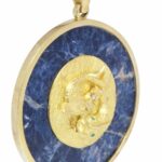 18k YG Pieces Medallion w Diamond  And Emerald  On Sodalite Gold Frame 2.5 in