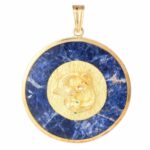 18k YG Pieces Medallion w Diamond  And Emerald  On Sodalite Gold Frame 2.5 in