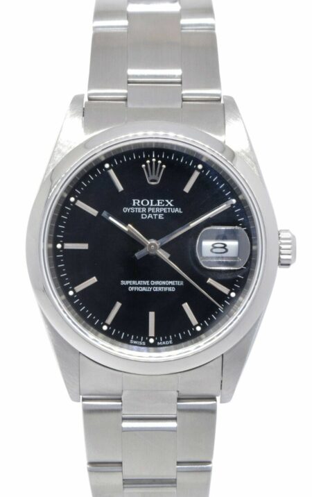 Rolex Date Stainless Steel Black Dial Oyster Bracelet 34mm Watch Y 15200