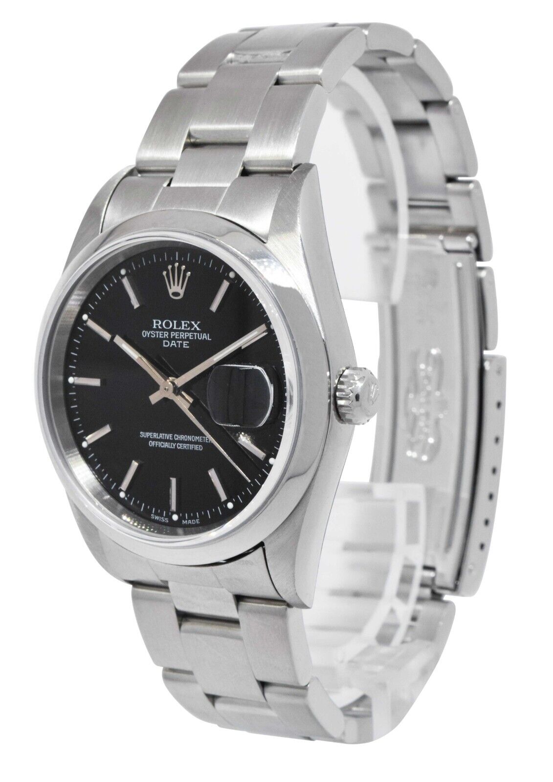 Rolex Date Stainless Steel Black Dial Oyster Bracelet 34mm Watch Y 15200
