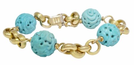 18k Yellow Gold Carved Turquoise Bead Bracelet