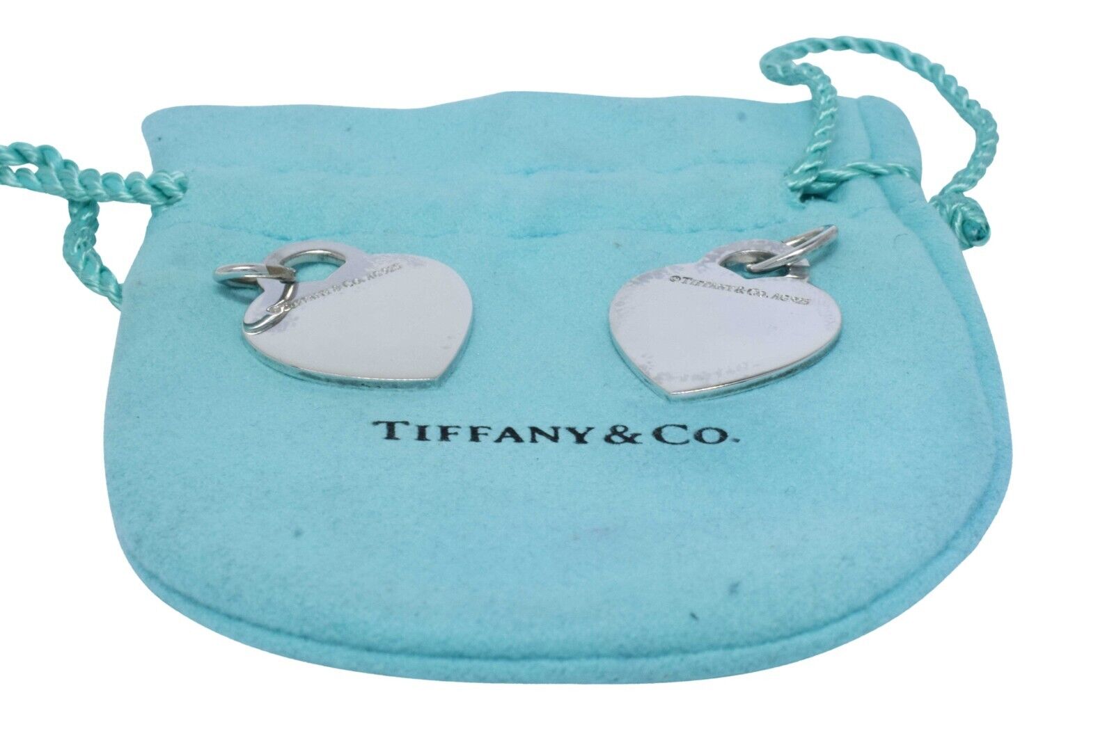 Tiffany & Co 925 Sterling Silver Set of 2 Plain Heart Charm Pendant w/ Pouch