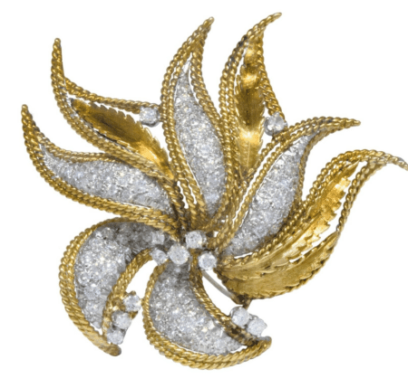 Ladies 18K Yellow & White Gold Diamond Floral Brooch