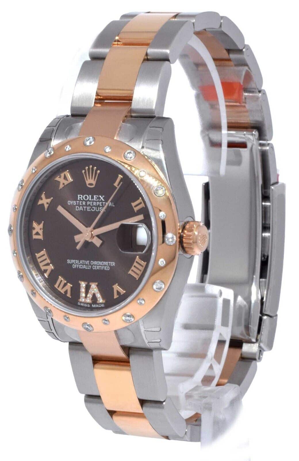 NOS Rolex Datejust 31 SS/18k RG Diamond Bezel Chocolate Dial Watch + '21 178341