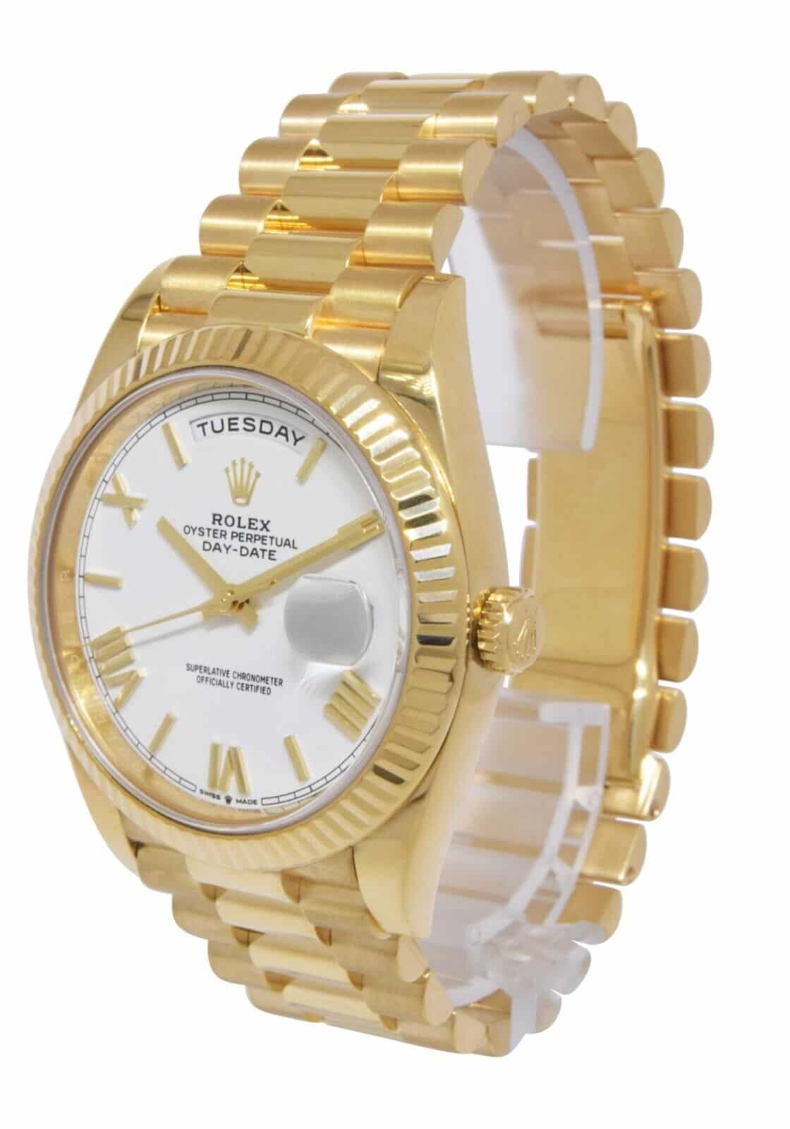 NOS Rolex Day-Date 40 President 18k Yellow Gold White Dial Watch B/P '21 228238