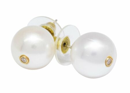Ladies South Sea Pearl Stud Earrings w/ Bezel Set Diamonds
