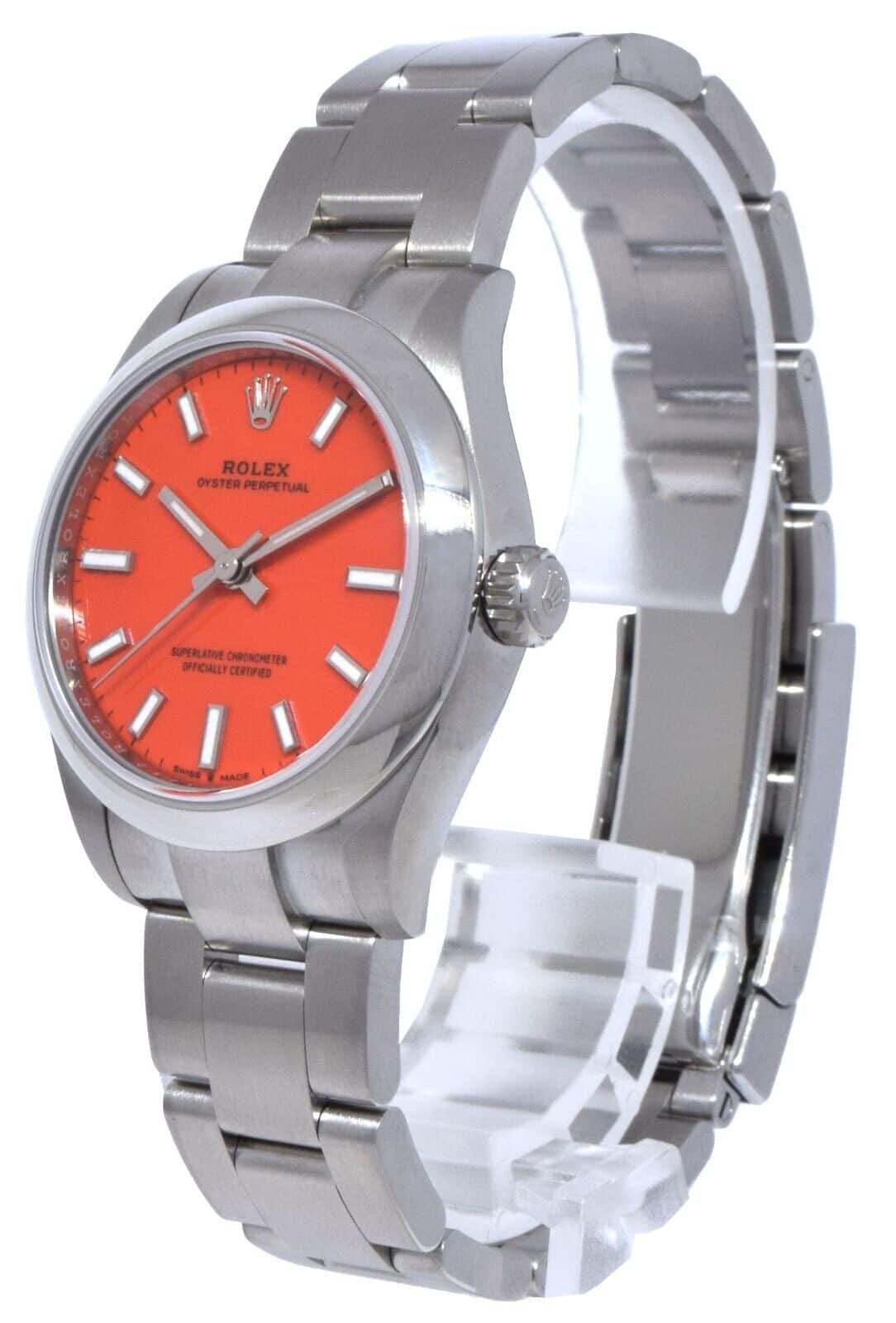 NOS Rolex Oyster Perpetual 31 Steel Coral Red Dial Mens Watch B/P '21 277200