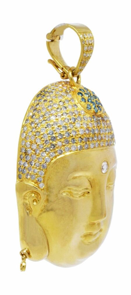 Buddah Pendant 18k Yellow Gold Pave White & Blue Diamonds
