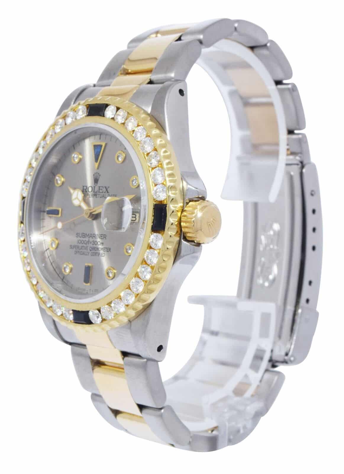 Rolex Submariner 18k Yellow Gold/Steel Serti Diamond/Sapphire 40mm Watch 16803