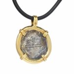 Antique Silver Coin Necklace in 18k Yellow Gold with 15'' Rubber Cord