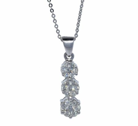 Ladies 14K White Gold 3 Diamond Cluster Necklace 16" 0.75ct