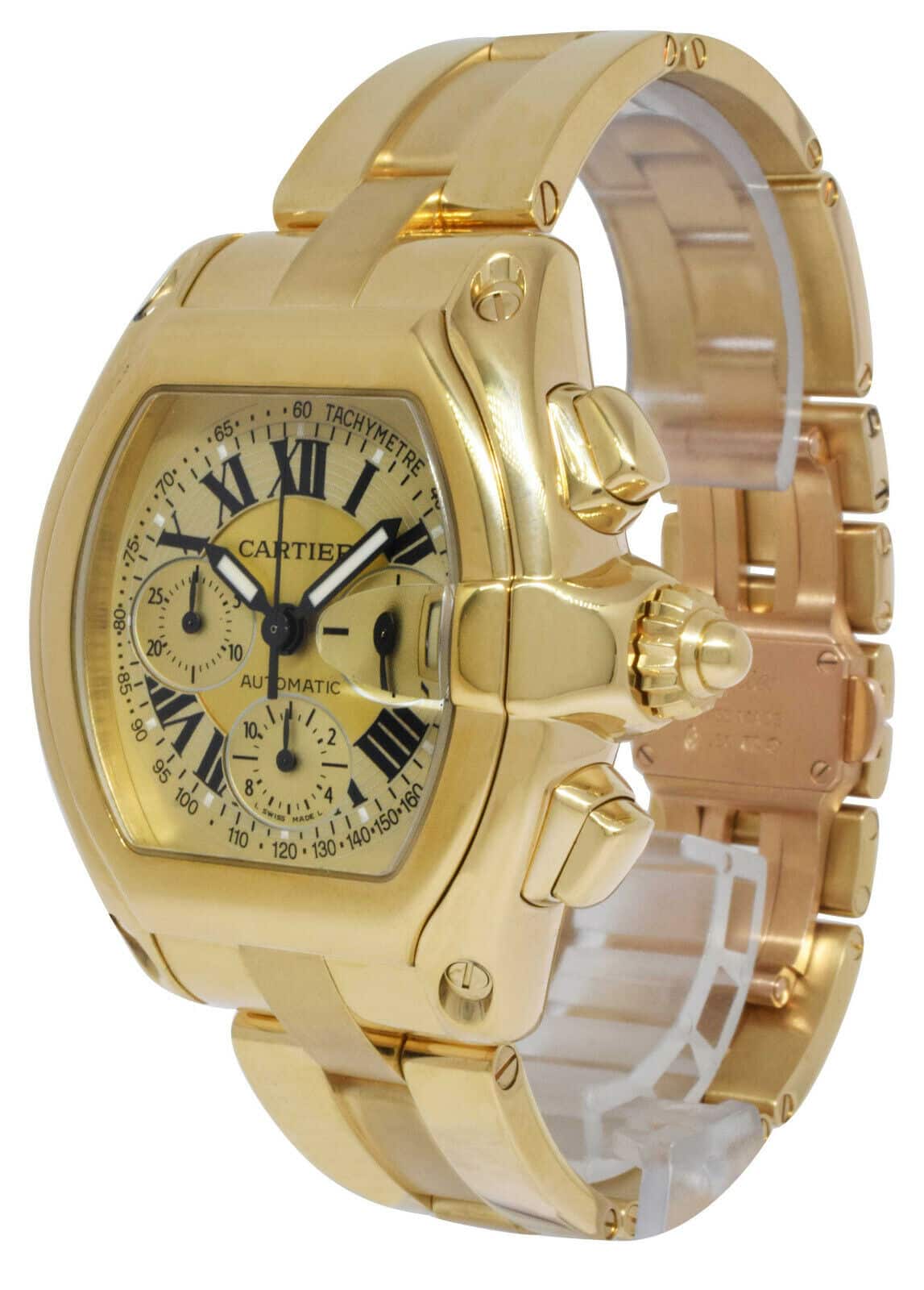 Cartier Roadster XL Chronograph 18k Yellow Gold Champagne Dial Mens Watch 2619