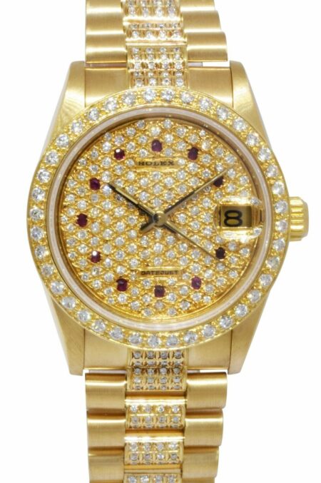 Rolex Datejust President 18k YG Pave Diamond & Ruby Dial Lady 31mm Watch 68278