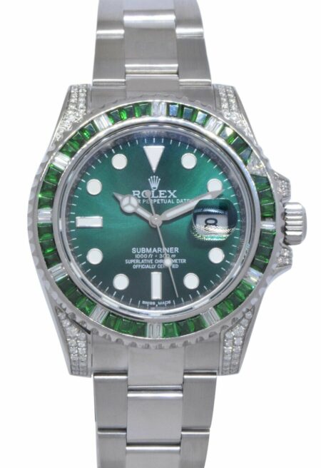 Rolex Submariner Date Steel Green Stones & Diamond 40mm Watch +Card '15 116610